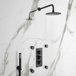 Arezzo Round Triple Concealed Thermostatic Shower Valve with Diverter - Matt Black -Concealed Shower Valves Sales AZBLKR38 d3 460