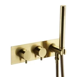 Arezzo Brushed Brass Round Wall Mounted Thermostatic Shower Valve with Handset