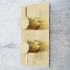 JTP Vos Brushed Brass Twin Outlet Thermostatic Concealed Shower Valve with Designer Handles